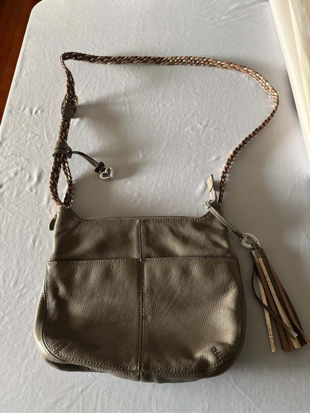 Brighton Taupe Brown Pebbled Leather Crossbody with Braided Strap